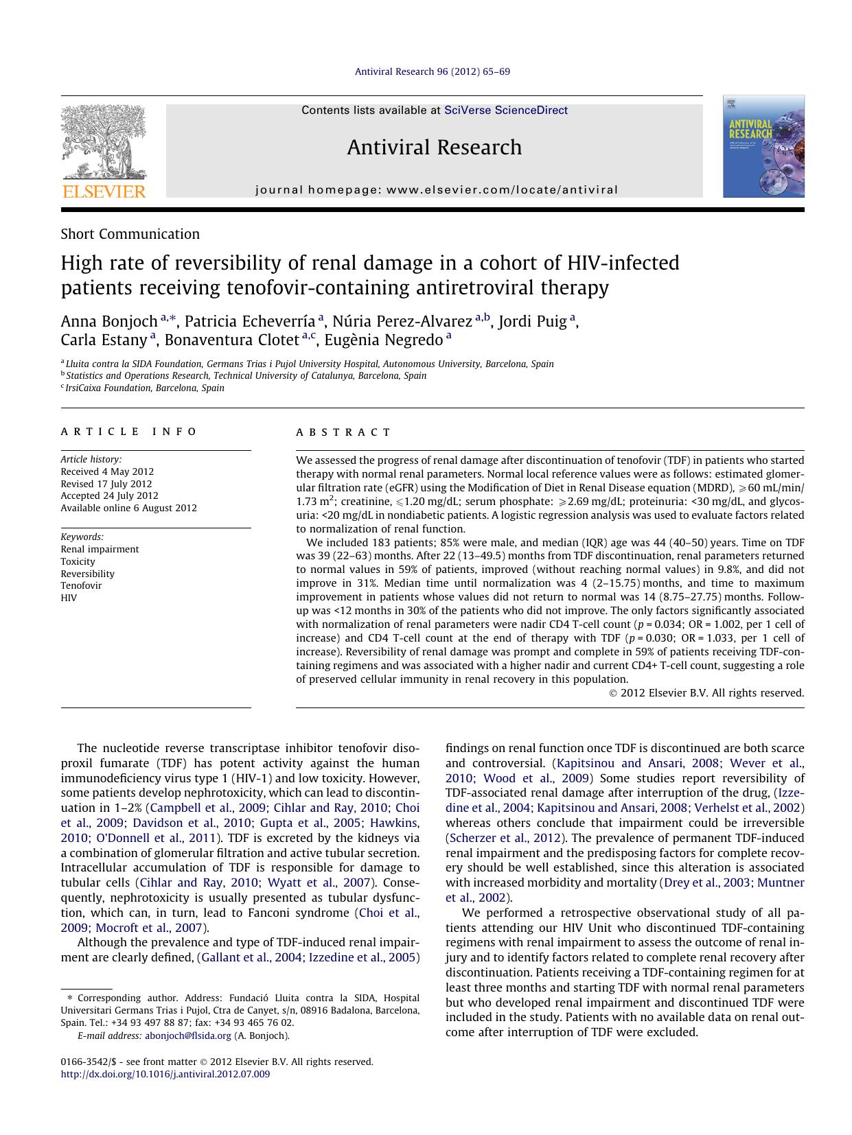 High rate of reversibility of renal damage in a cohort of HIV-infected patients receiving tenofovir-containing antiretroviral therapy by unknow