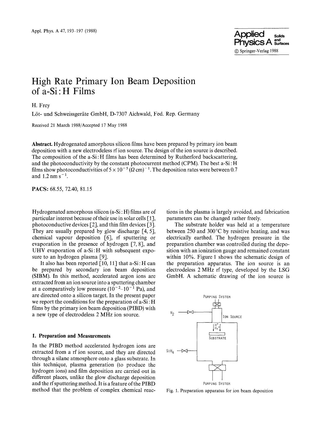High rate primary ion beam deposition of a-Si:H films by Unknown