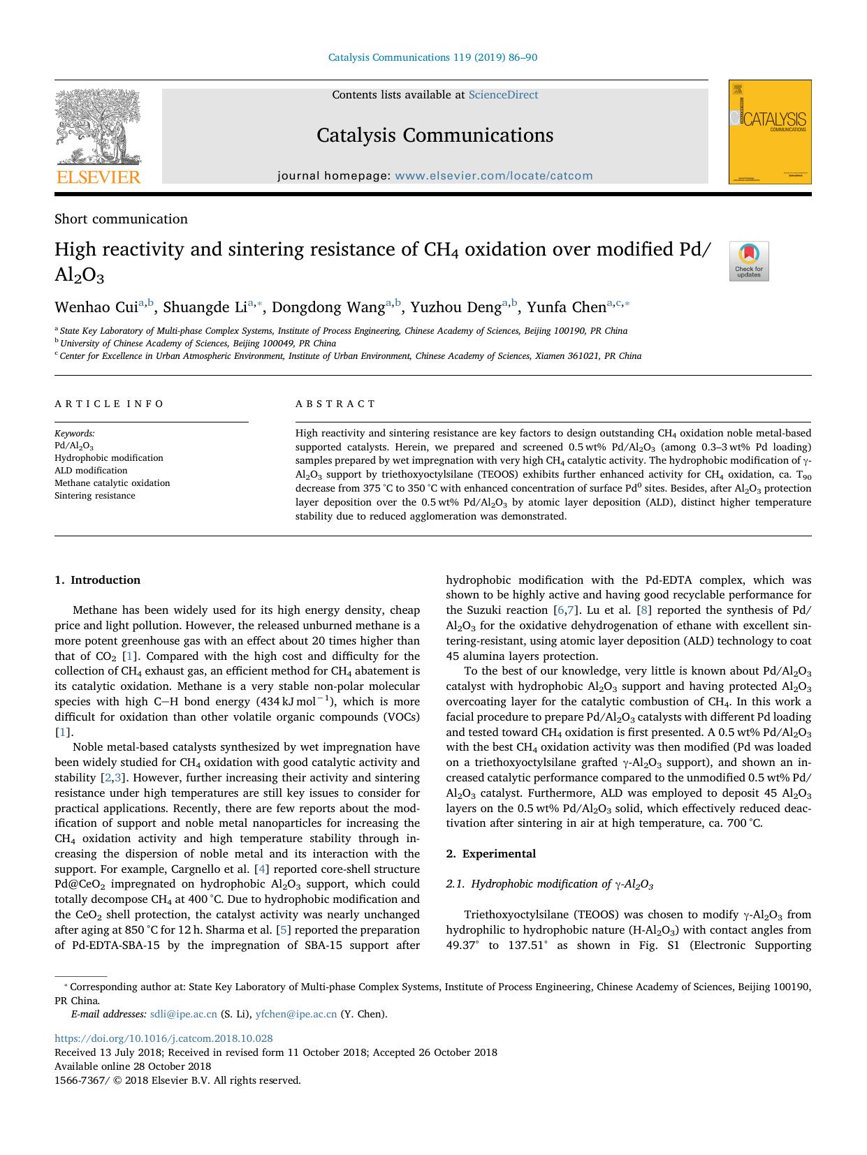 High reactivity and sintering resistance of CH4 oxidation over modified PdAl2O3 by Wenhao Cui & Shuangde Li & Dongdong Wang & Yuzhou Deng & Yunfa Chen