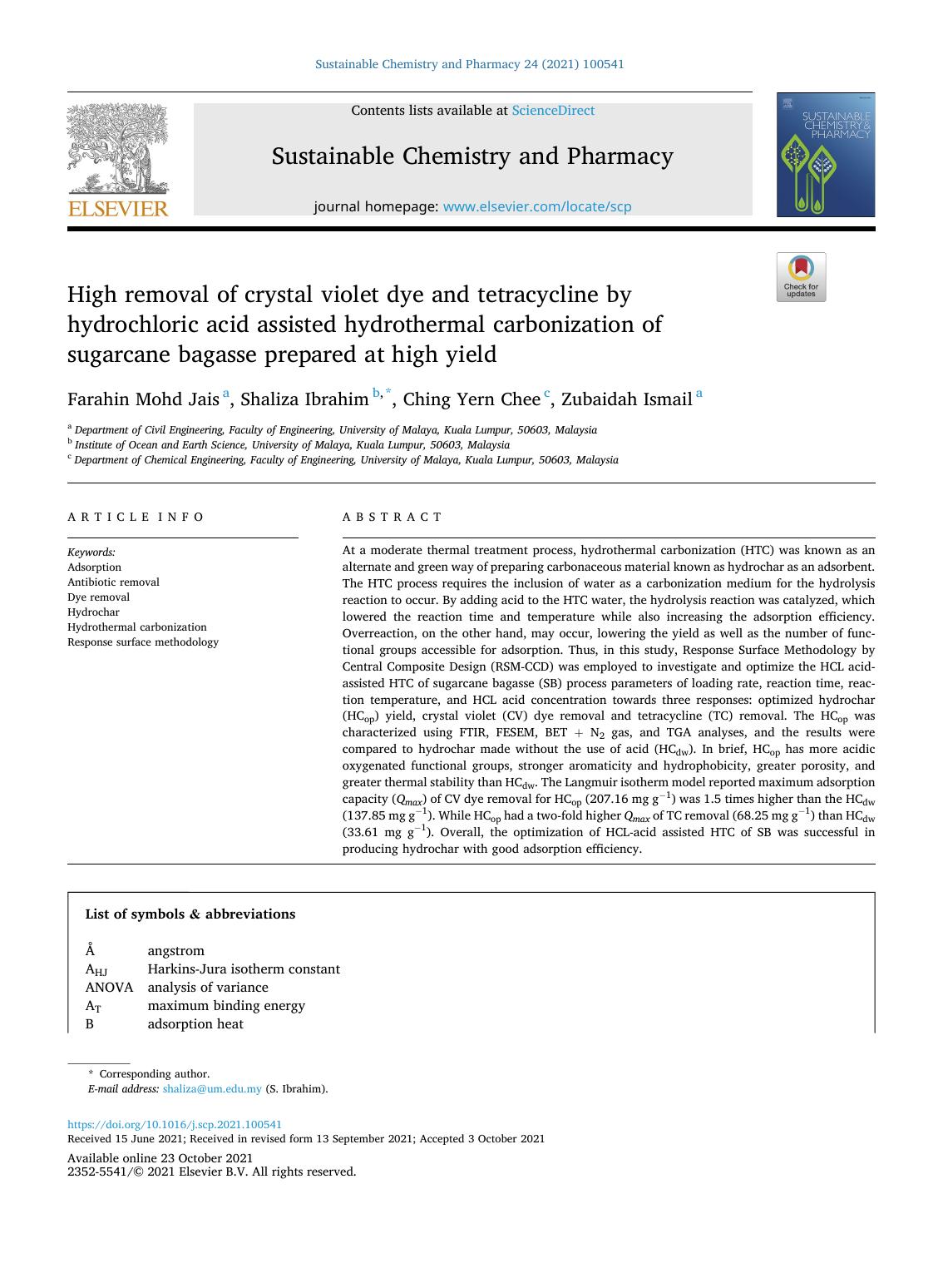 High removal of crystal violet dye and tetracycline by hydrochloric acid assisted hydrothermal carbonization of sugarcane bagasse prepared at high yield by Farahin Mohd Jais & Shaliza Ibrahim & Ching Yern Chee & Zubaidah Ismail