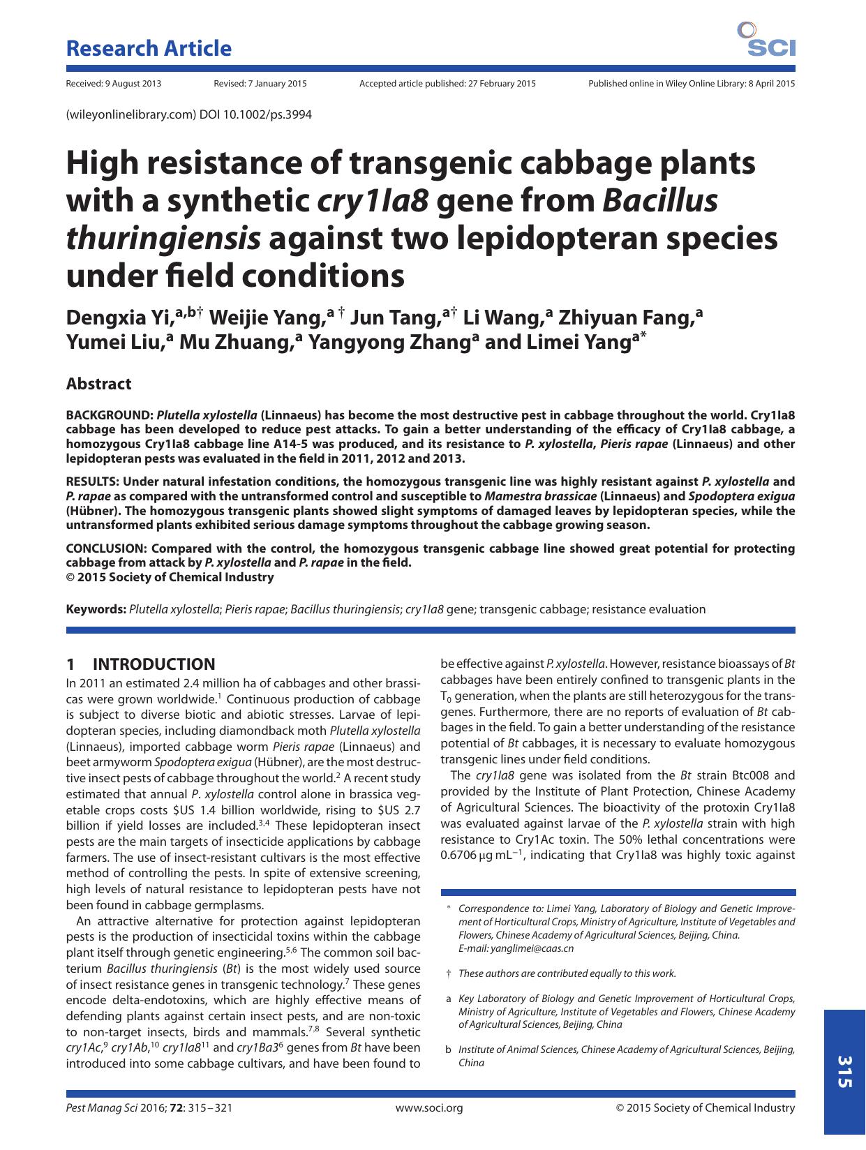 High resistance of transgenic cabbage plants with a synthetic cry1Ia8 gene from Bacillus thuringiensis against two lepidopteran species under field conditions by Unknown