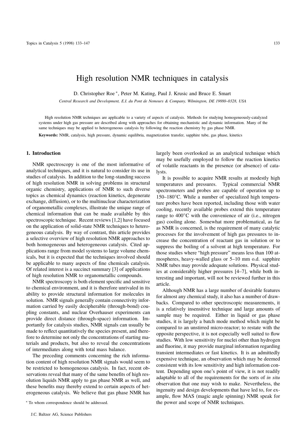 High resolution NMR techniques in catalysis by Unknown