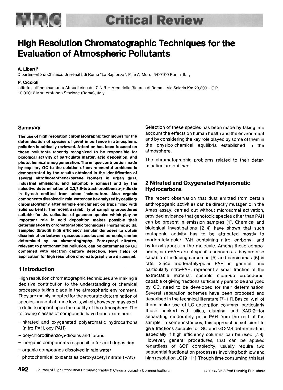 High resolution chromatographic techniques for the evaluation of atmospheric pollutants by Unknown