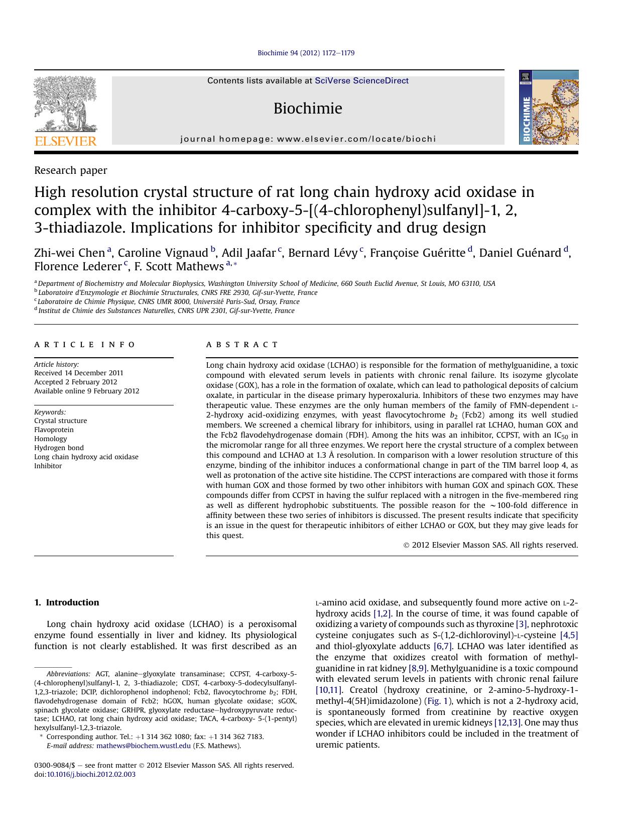 High resolution crystal structure of rat long chain hydroxy acid oxidase in complex with the inhibitor 4-carboxy-5-[(4-chlorophenyl)sulfanyl]-1, 2, 3-thiadiazole. Implications for by unknow