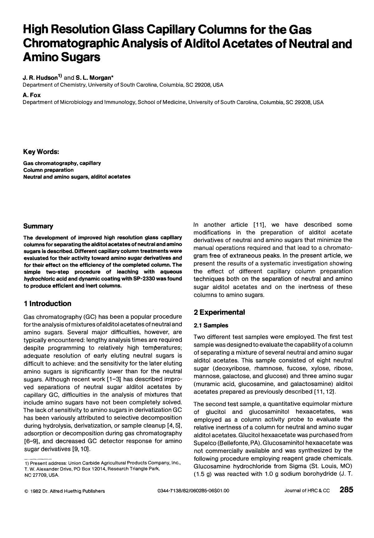 High resolution glass capillary columns for the gas chromatographic analysis of alditol acetates of neutral and amino sugars by Unknown