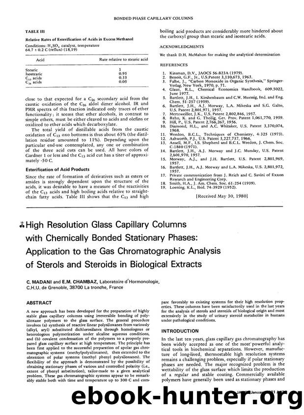 High resolution glass capillary columns with chemically bonded stationary phases: application to the gas chromatographic analysis of sterols and steroids in biological extracts by Unknown