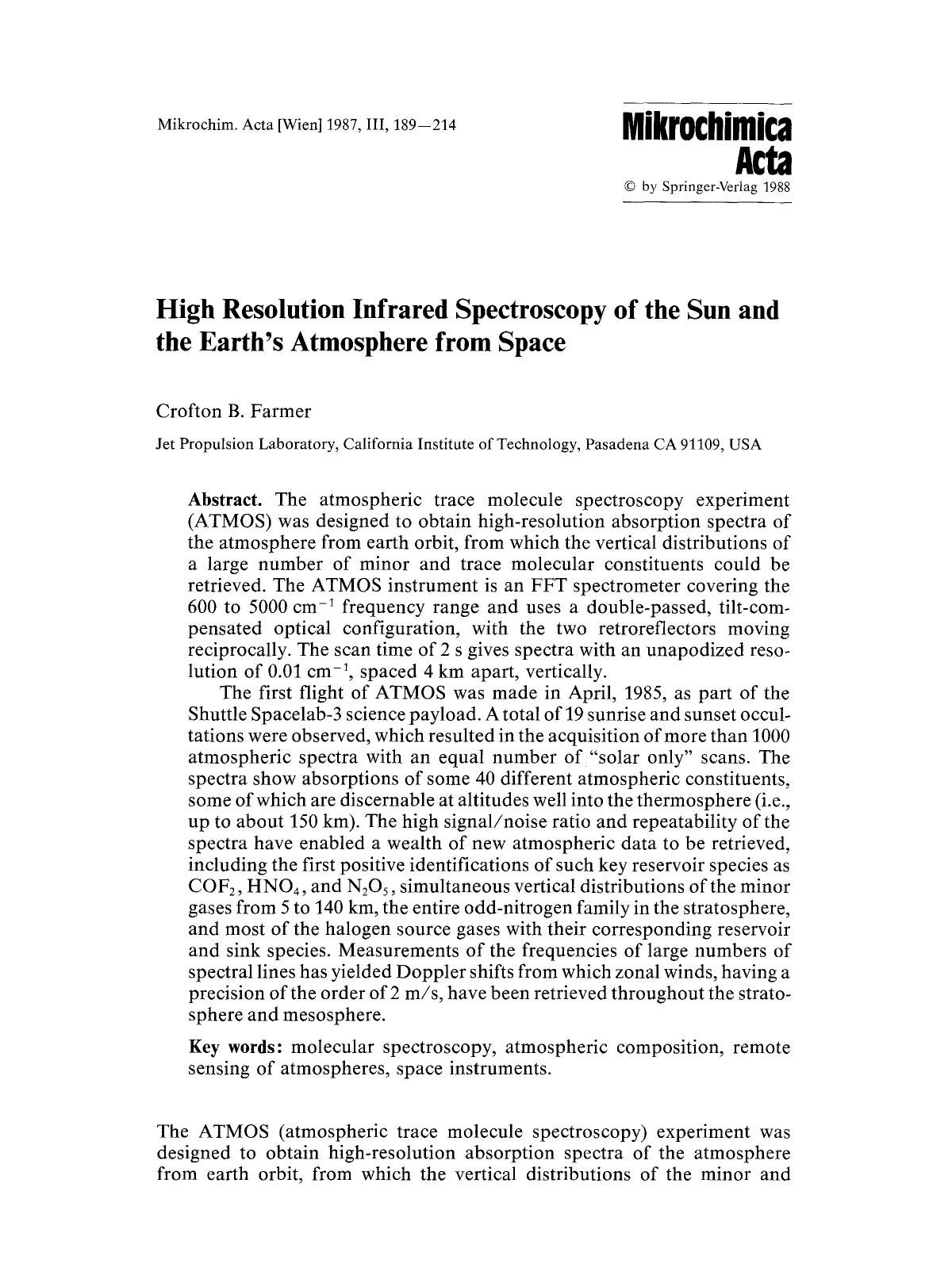 High resolution infrared spectroscopy of the sun and the earth's atmosphere from space by Unknown