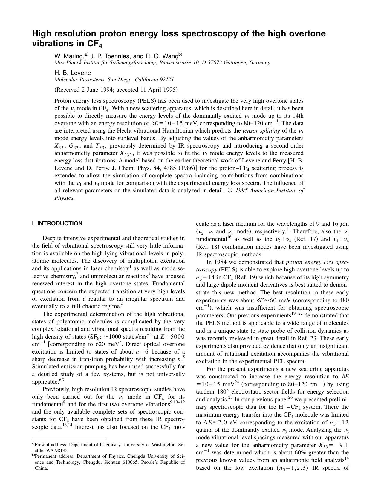 High resolution proton energy loss spectroscopy of the high overtone vibrations in CF 4 by W. Maring & J. P. Toennies & and R. G. Wang & H. B. Levene