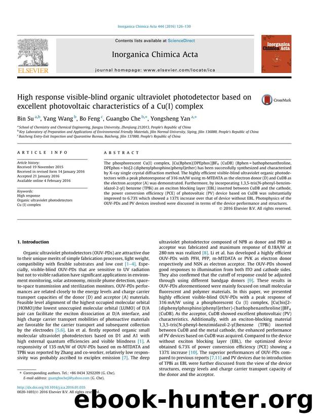 High response visible-blind organic ultraviolet photodetector based on excellent photovoltaic characteristics of a Cu(I) complex by Bin Su & Yang Wang & Bo Feng & Guangbo Che & Yongsheng Yan