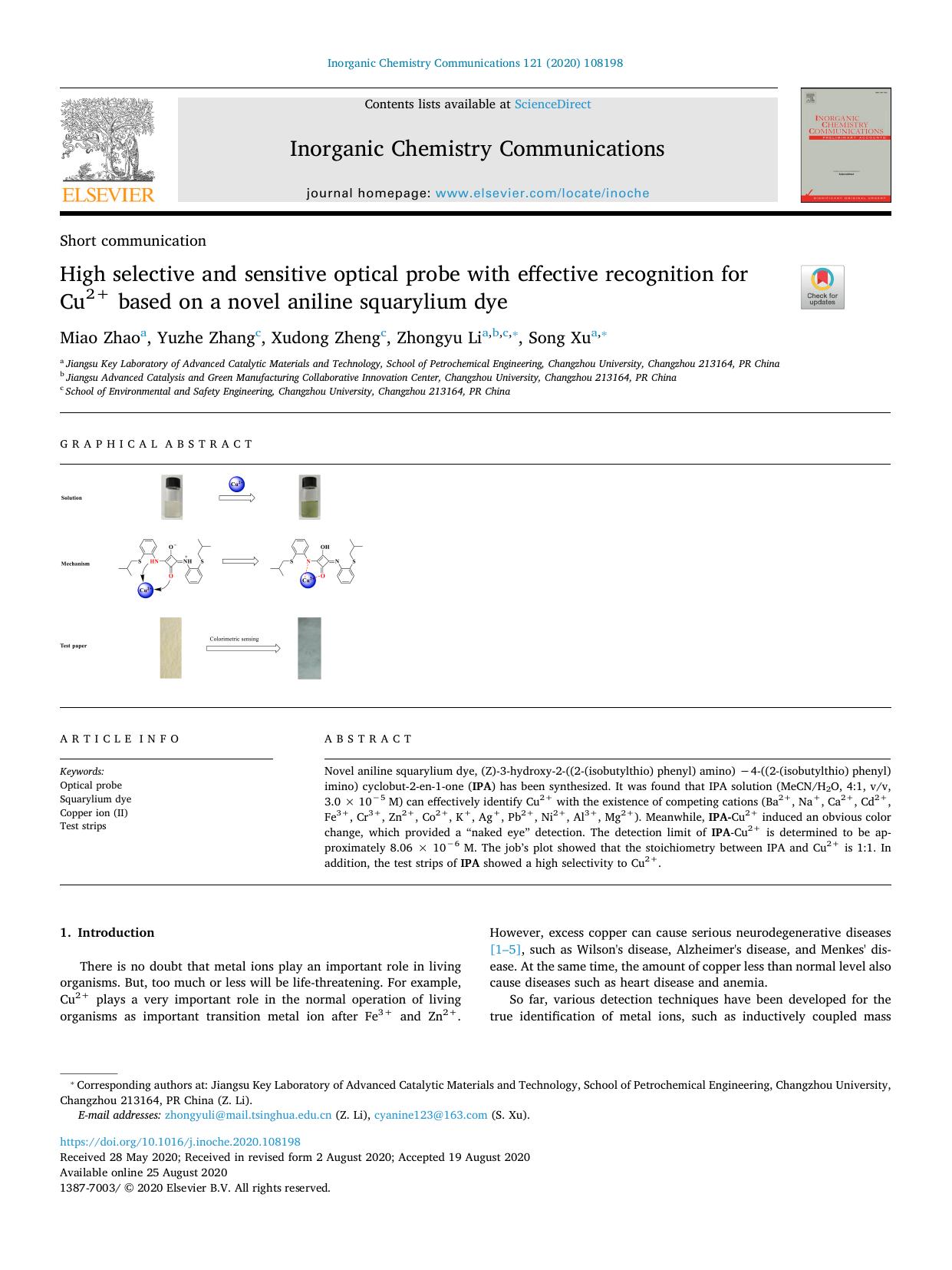 High selective and sensitive optical probe with effective recognition for Cu2+ based on a novel aniline squarylium dye by Miao Zhao & Yuzhe Zhang & Xudong Zheng & Zhongyu Li & Song Xu