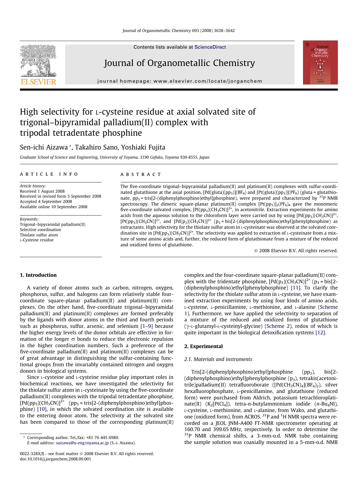 High selectivity for l-cysteine residue at axial solvated site of trigonal–bipyramidal palladium(II) complex with tripodal tetradentate phosphine by Sen-ichi Aizawa; Takahiro Sano; Yoshiaki Fujita