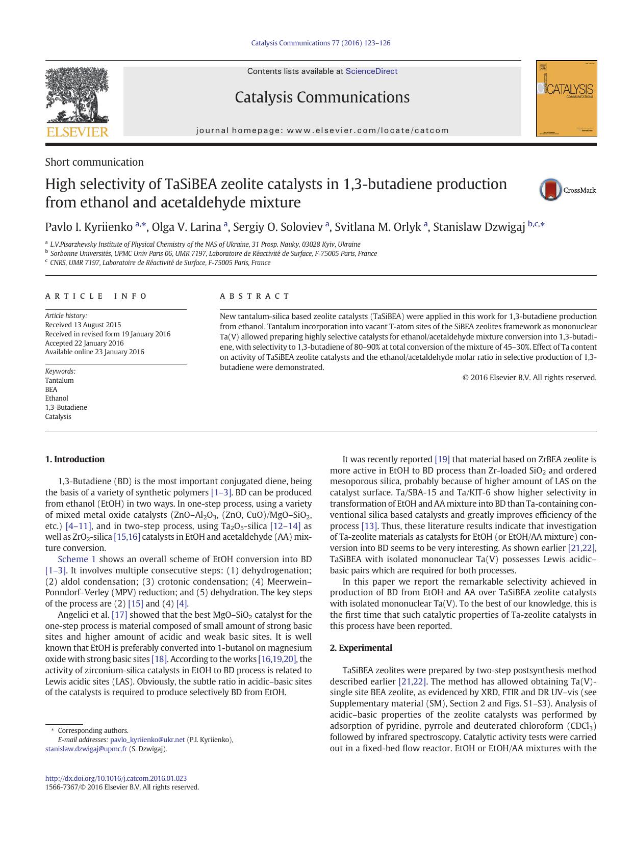 High selectivity of TaSiBEA zeolite catalysts in 1,3-butadiene production from ethanol and acetaldehyde mixture by Pavlo I. Kyriienko & Olga V. Larina & Sergiy O. Soloviev & Svitlana M. Orlyk & Stanislaw Dzwigaj