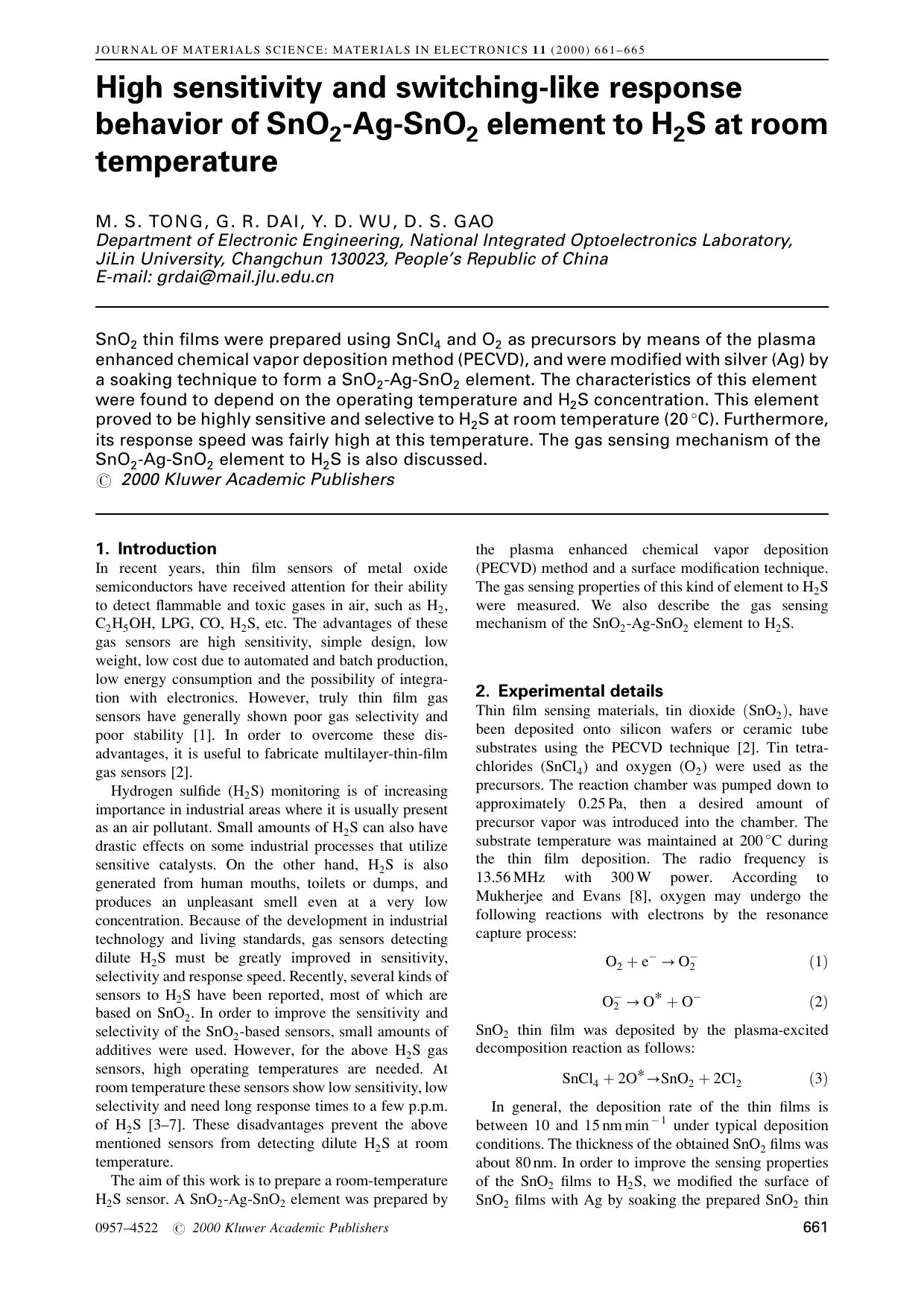 High sensitivity and switching-like response behavior of SnO<Subscript>2<Subscript>-Ag-SnO<Subscript>2<Subscript> element to H<Subscript>2<Subscript>S at room temperature by Unknown