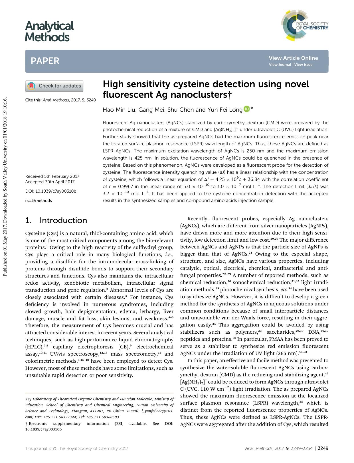 High sensitivity cysteine detection using novel fluorescent Ag nanoclusters by Hao Min Liu & Gang Mei & Shu Chen & Yun Fei Long