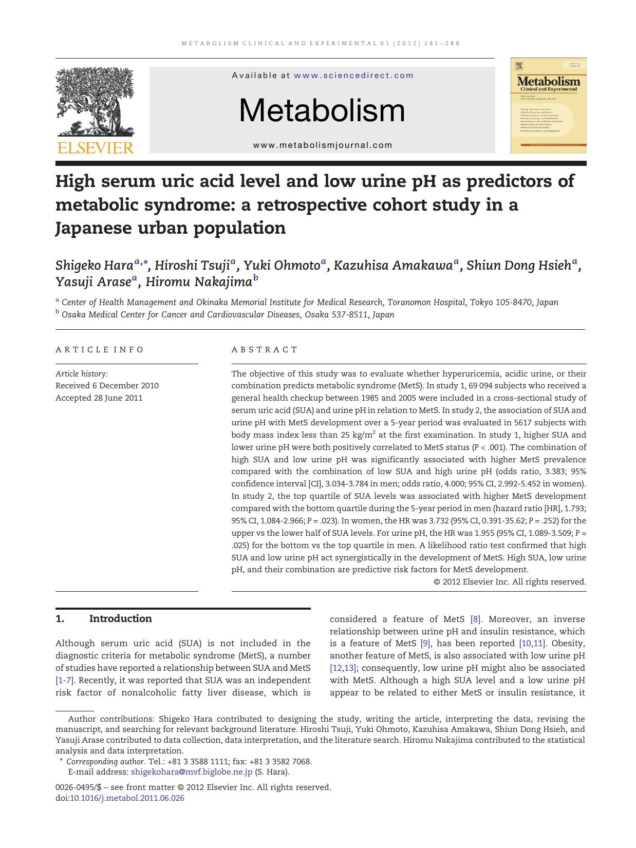 High serum uric acid level and low urine pH as predictors of metabolic syndrome: a retrospective cohort study in a Japanese urban population by unknow