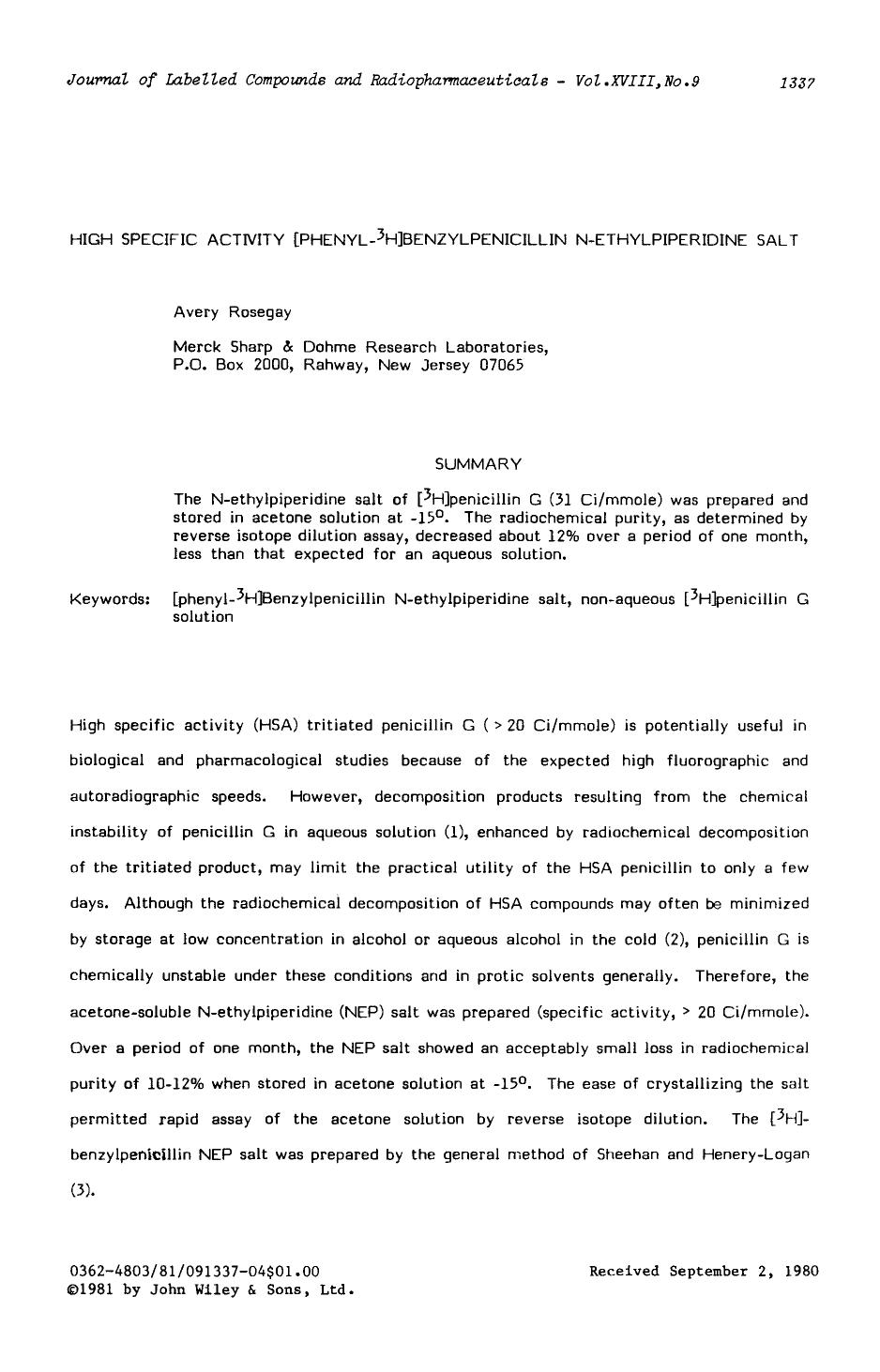 High specific activity [phenyl-3h]benzylpenicillin N-ethylpiperidine salt by Unknown