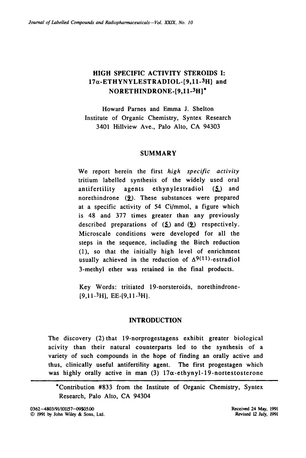 High specific activity steroids I: 17[alpha]-ethynylestradiol-[9,11-3H] and norethindrone-[9,11-3H] by Unknown