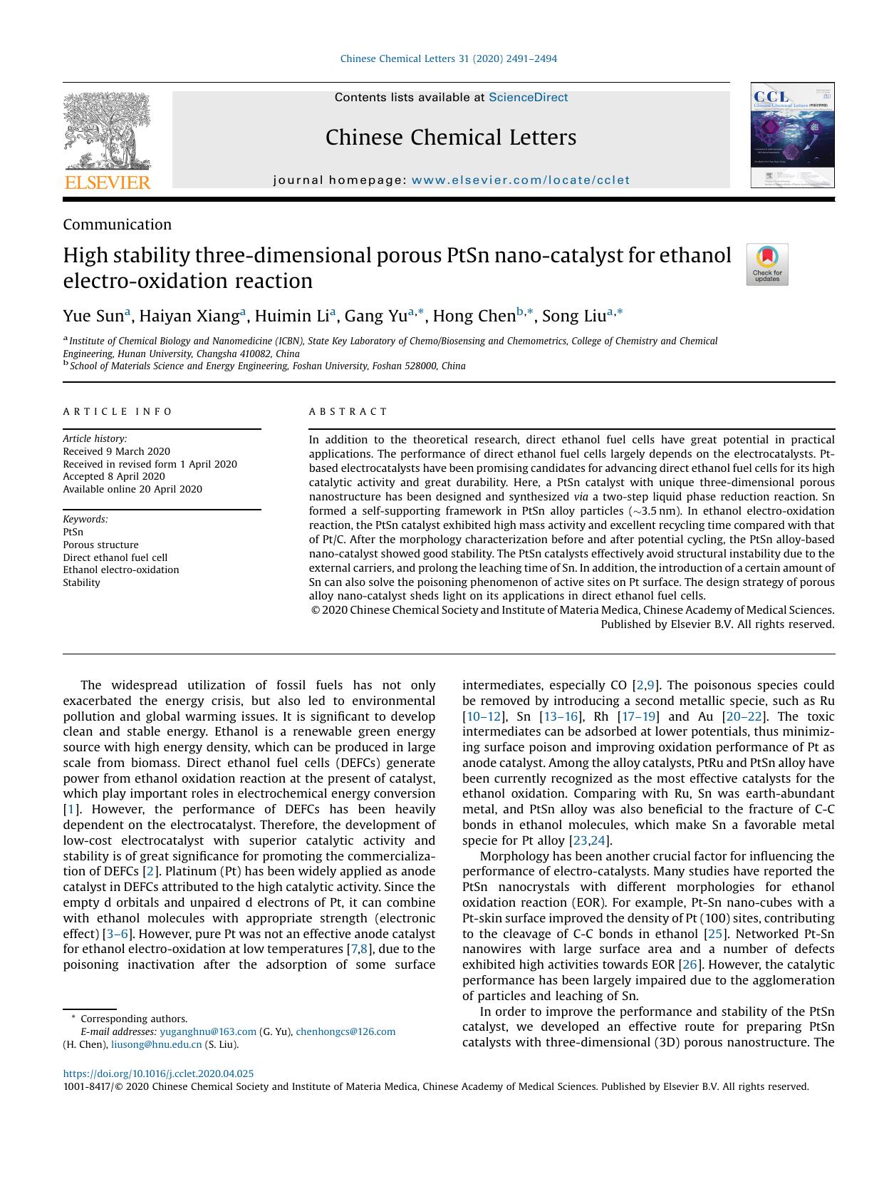 High stability three-dimensional porous PtSn nano-catalyst for ethanol electro-oxidation reaction by Yue Sun & Haiyan Xiang & Huimin Li & Gang Yu & Hong Chen & Song Liu