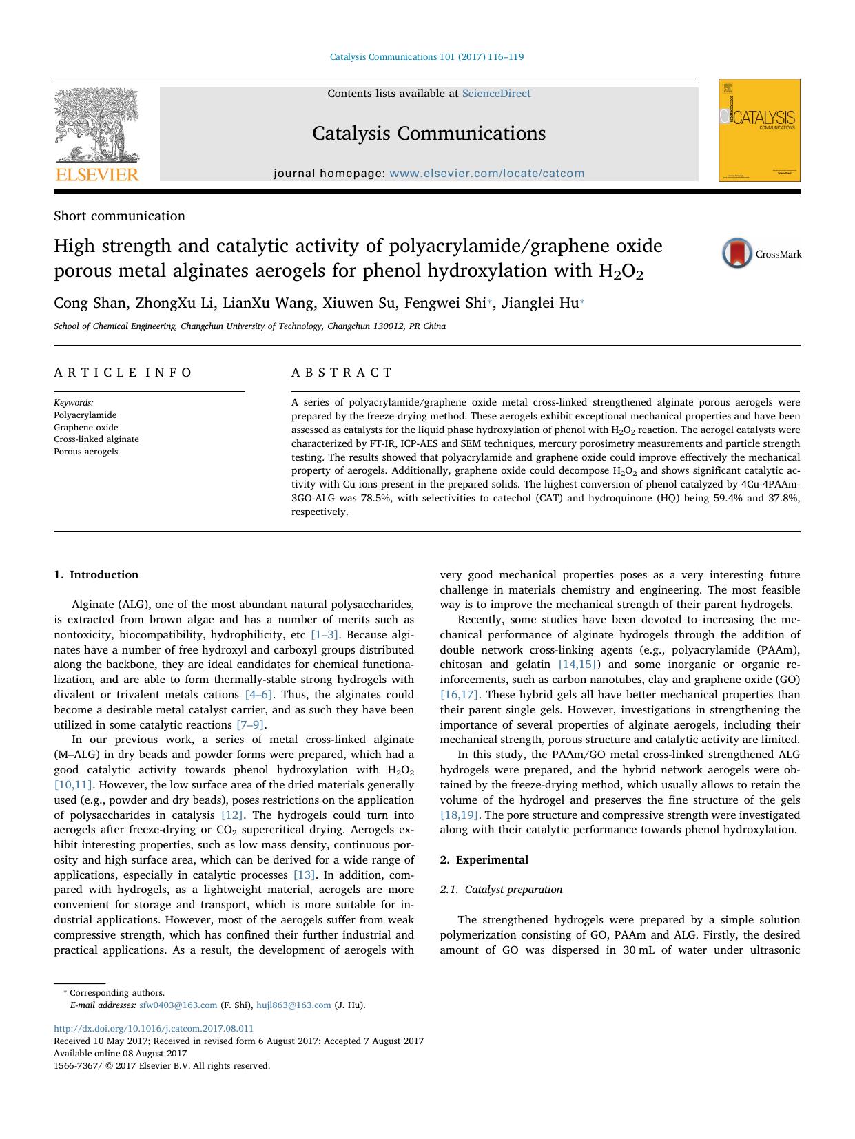 High strength and catalytic activity of polyacrylamidegraphene oxide porous metal alginates aerogels for phenol hydroxylation with H2O2 by Cong Shan & ZhongXu Li & LianXu Wang & Xiuwen Su & Fengwei Shi & Jianglei Hu