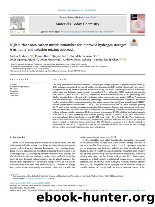 High surface area carbon nitride nanotubes for improved hydrogen storage: A grinding and solution mixing approach by unknow