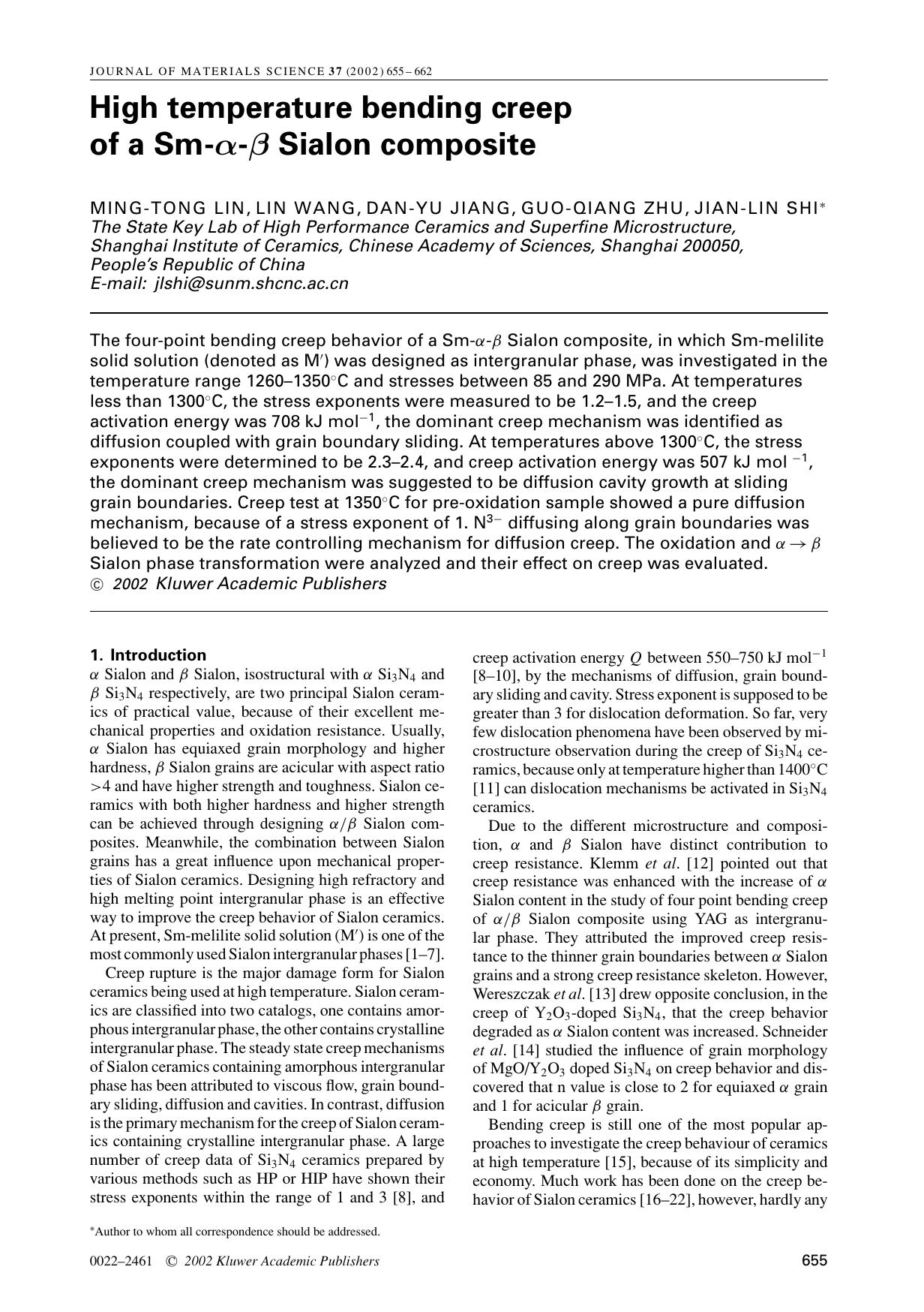 High temperature bending creep of a Sm-α-β Sialon composite by Unknown
