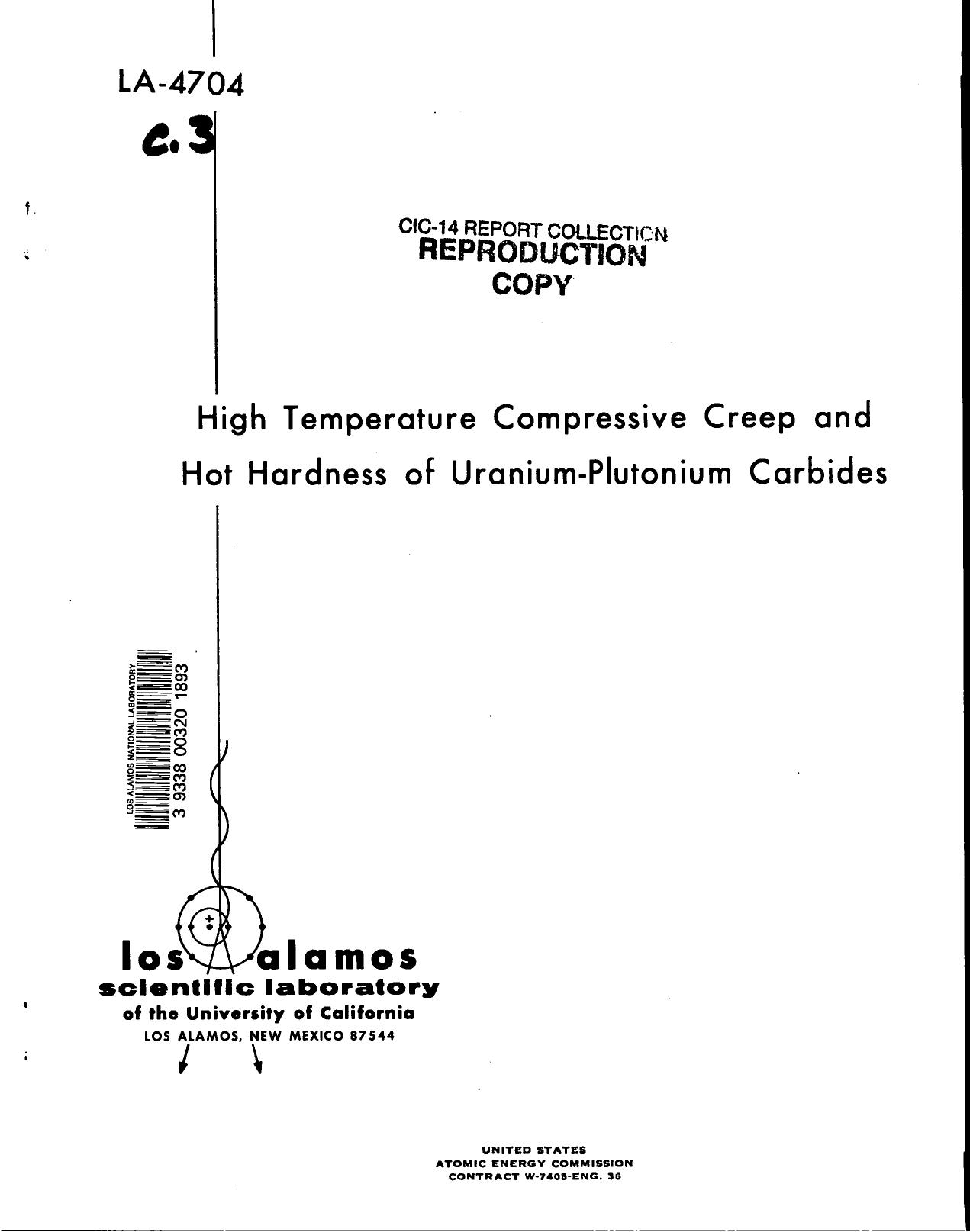 High temperature compressive creep and hot hardness of uranium-plutonium carbides None by LANL Research Library LWW Project