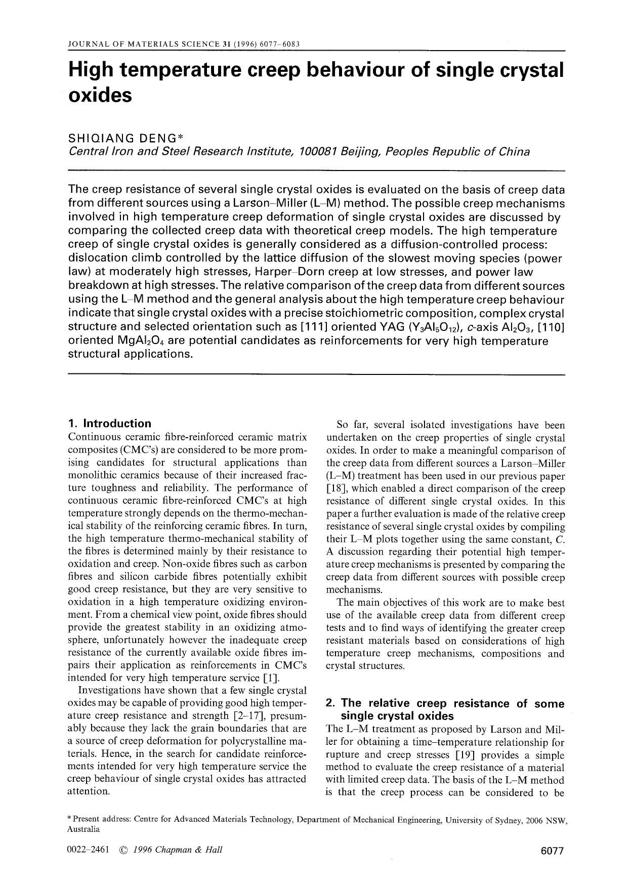 High temperature creep behaviour of single crystal oxides by Unknown