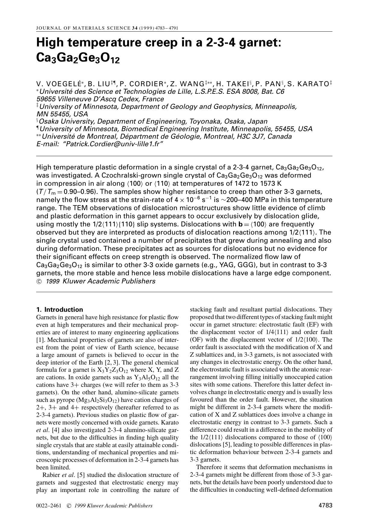 High temperature creep in a 2-3-4 garnet: Ca3Ga2Ge3O12 by Unknown