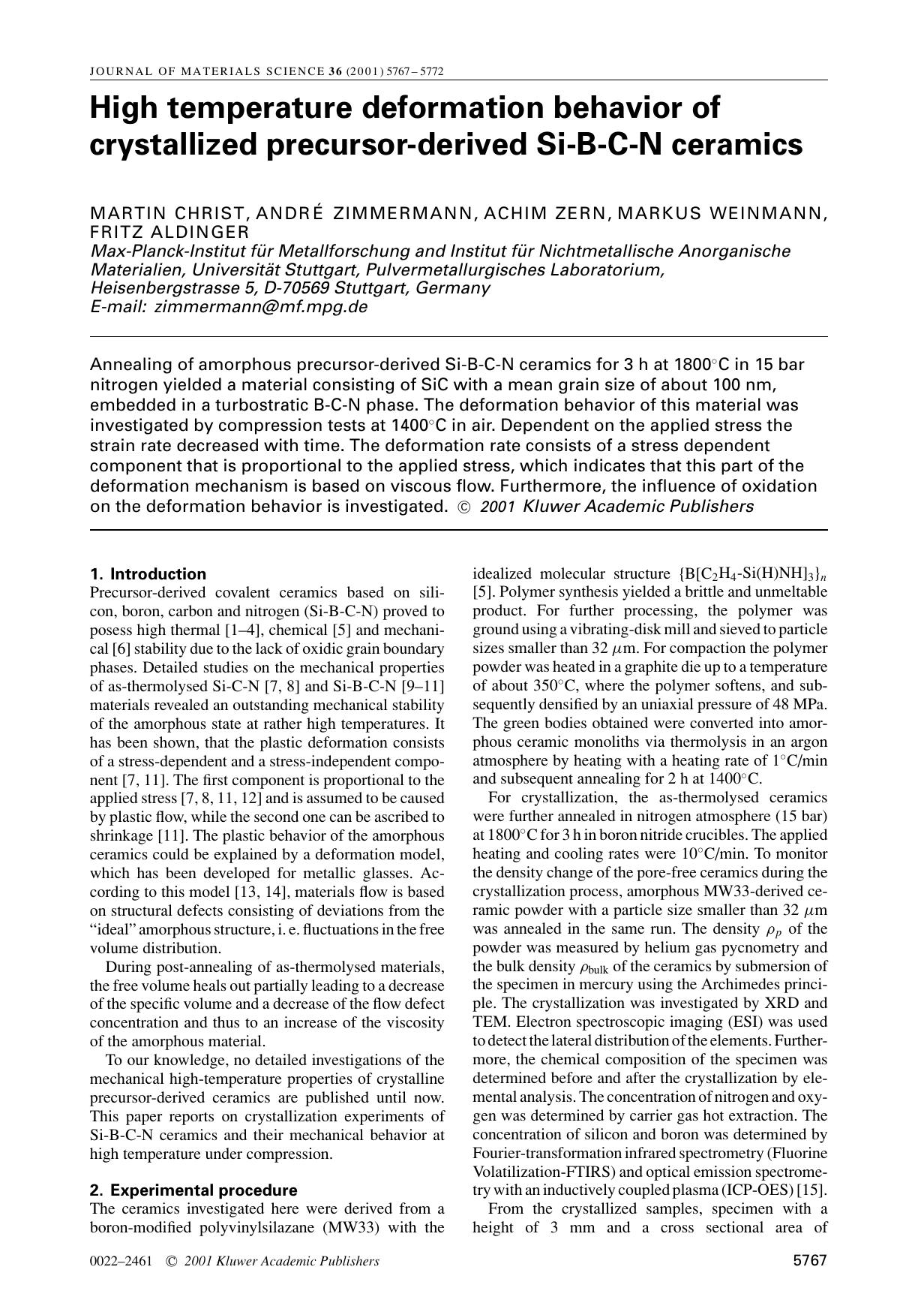 High temperature deformation behavior of crystallized precursor-derived Si-B-C-N ceramics by Unknown