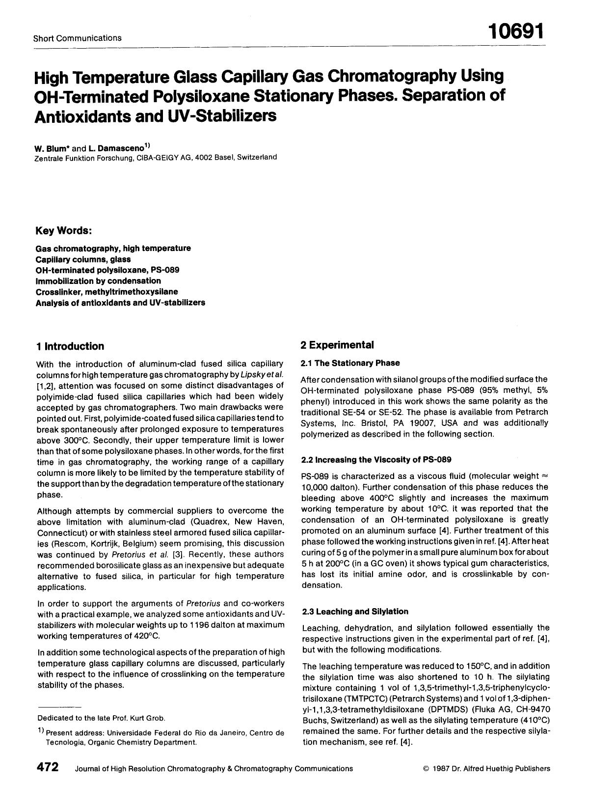 High temperature glass capillary gas chromatography using OH-terminated polysiloxane stationary phases. Separation of antioxidants and UV-stabilizers by Unknown