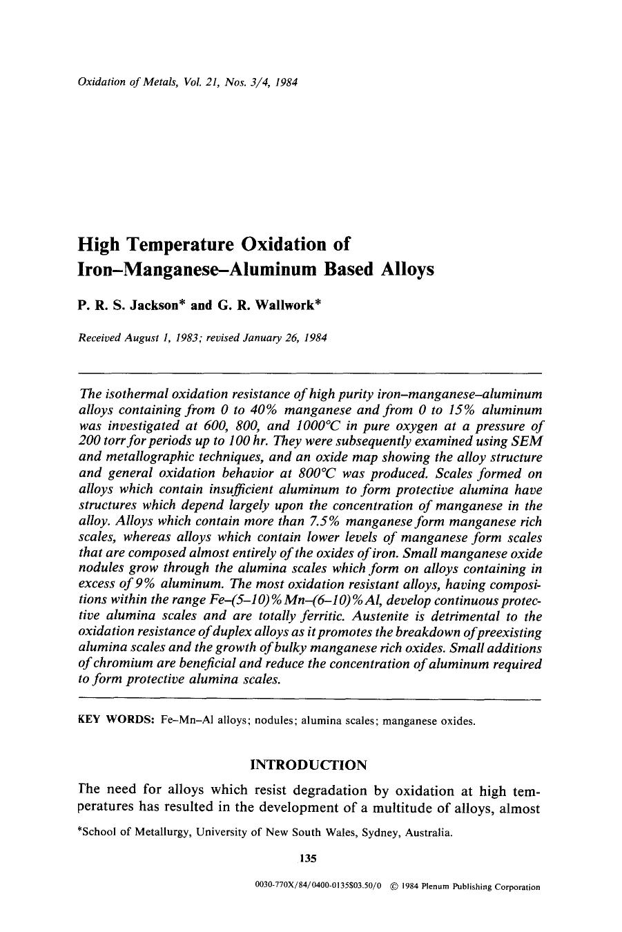 High temperature oxidation of iron-manganese-aluminum based alloys by Unknown