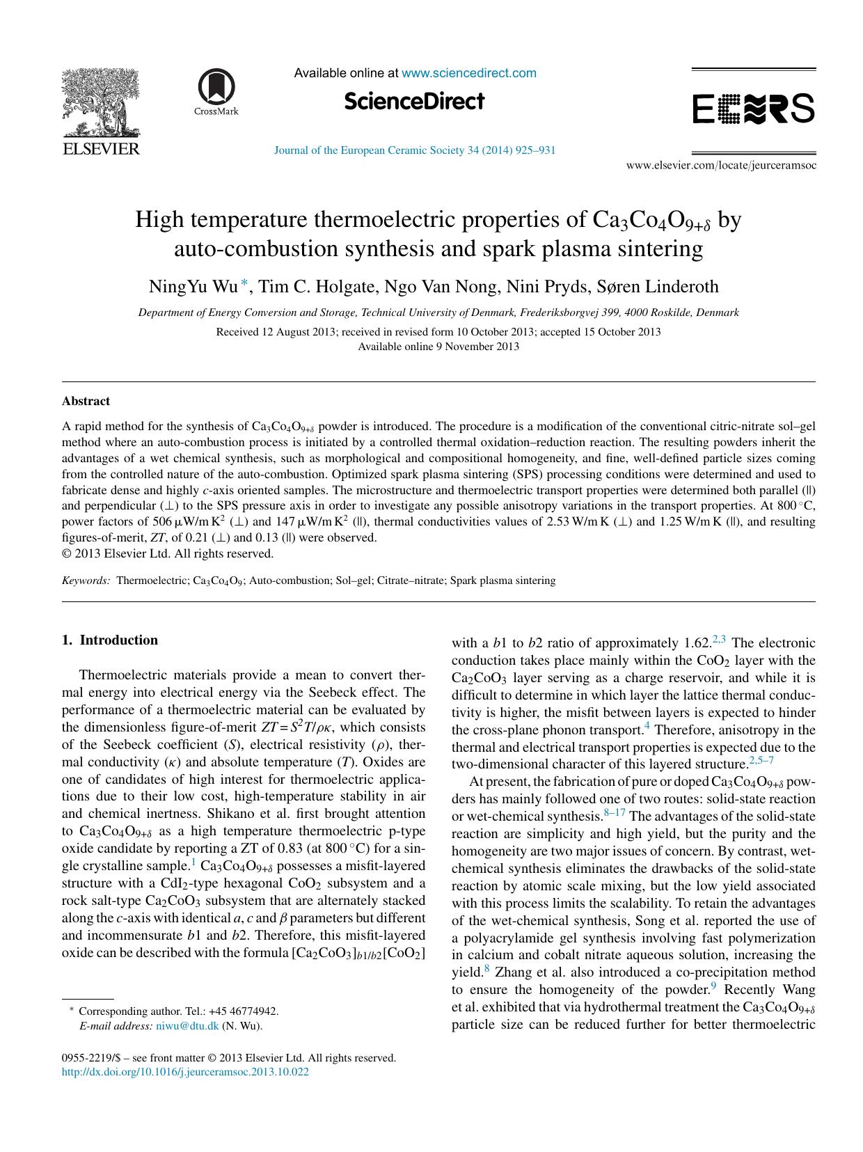 High temperature thermoelectric properties of Ca3Co4O9+Î´ by auto-combustion synthesis and spark plasma sintering by NingYu Wu & Tim C. Holgate & Ngo Van Nong & Nini Pryds & Søren Linderoth