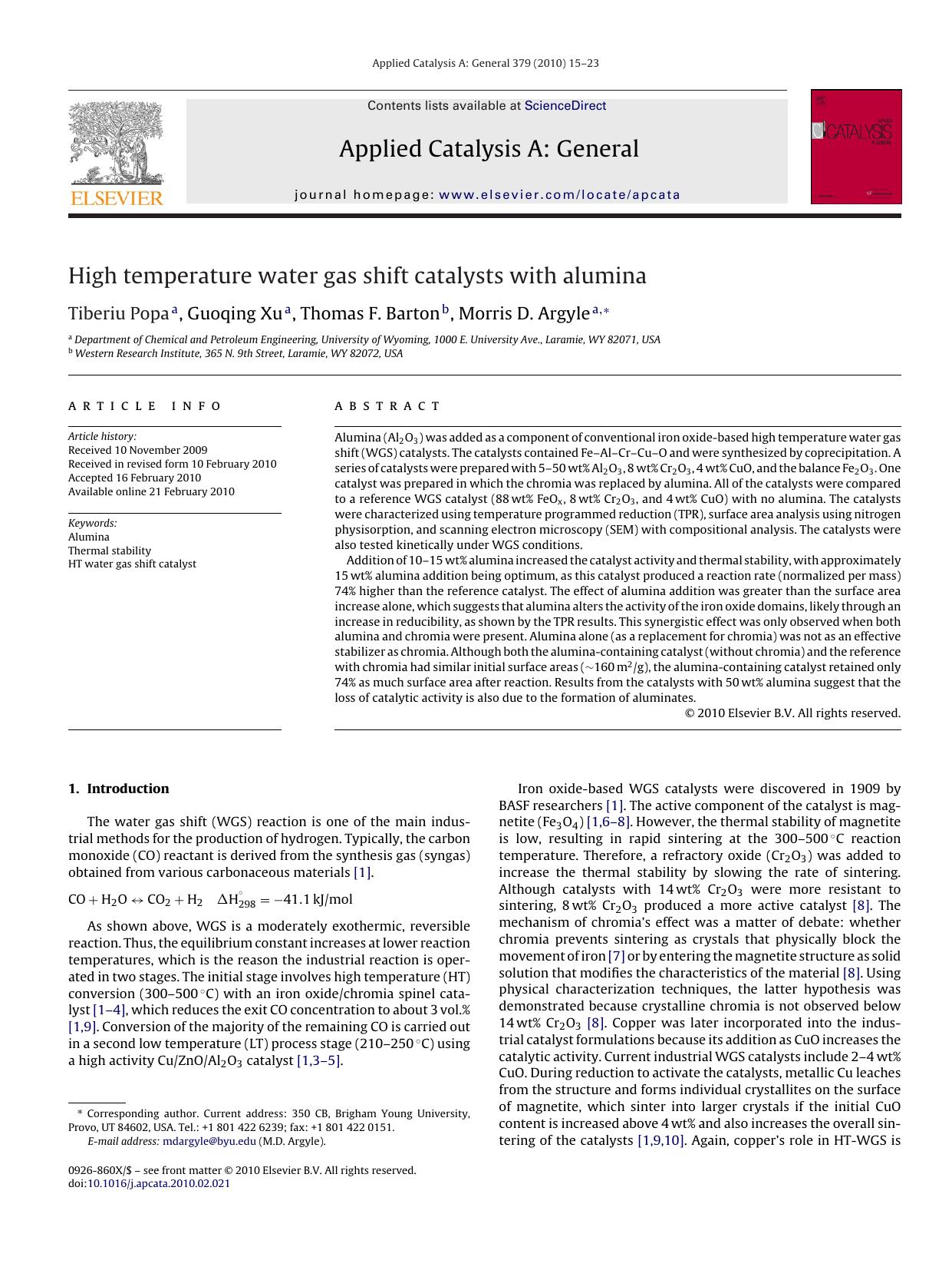 High temperature water gas shift catalysts with alumina by Tiberiu Popa; Guoqing Xu; Thomas F. Barton; Morris D. Argyle