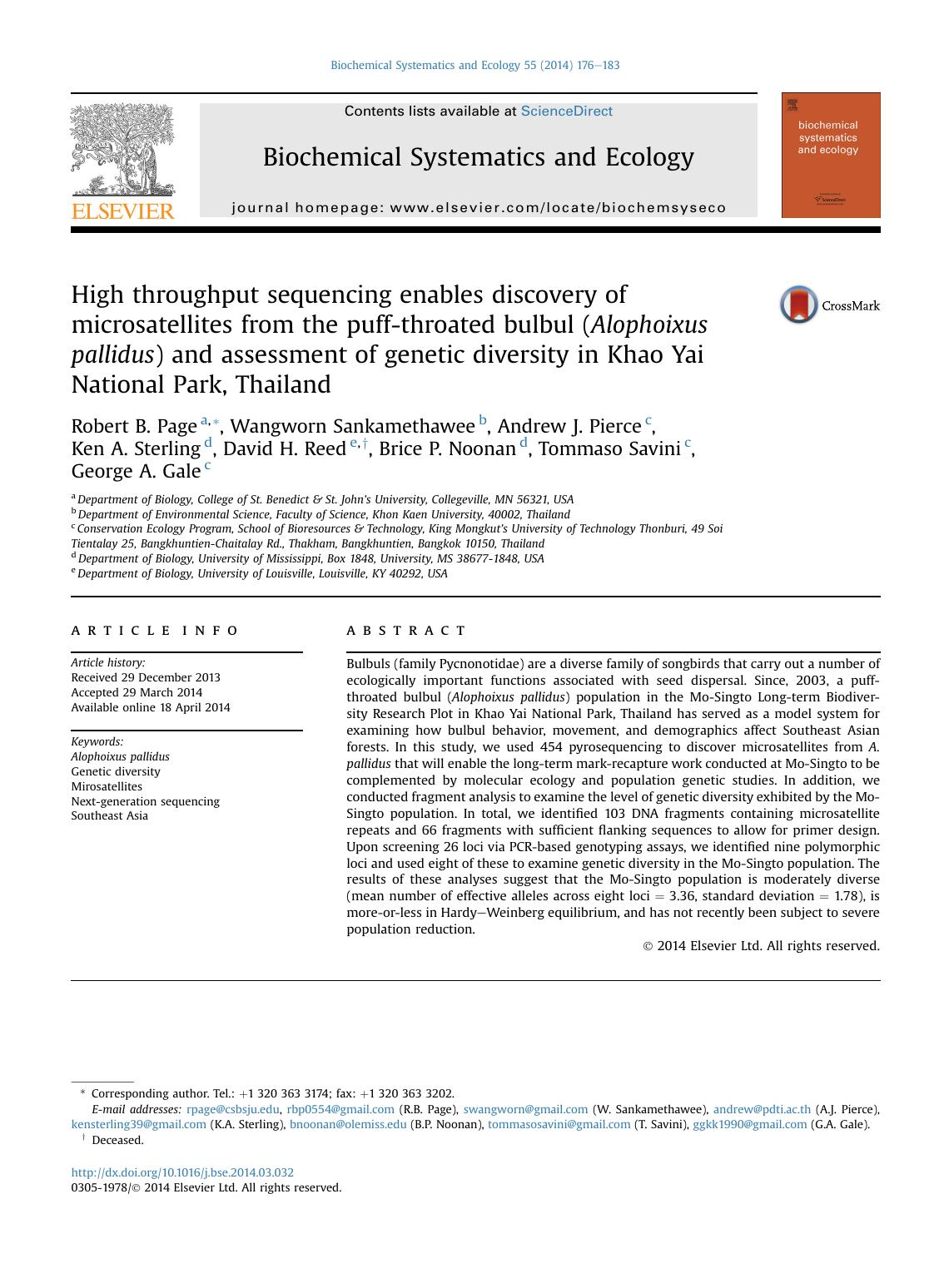 High throughput sequencing enables discovery of microsatellites from the puff-throated bulbul (Alophoixus pallidus) and assessment of genetic diversity in Khao Yai National Park, Thailand by unknow