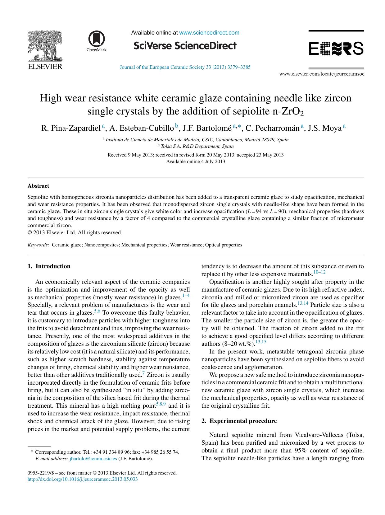 High wear resistance white ceramic glaze containing needle like zircon single crystals by the addition of sepiolite n-ZrO2 by R. Pina-Zapardiel