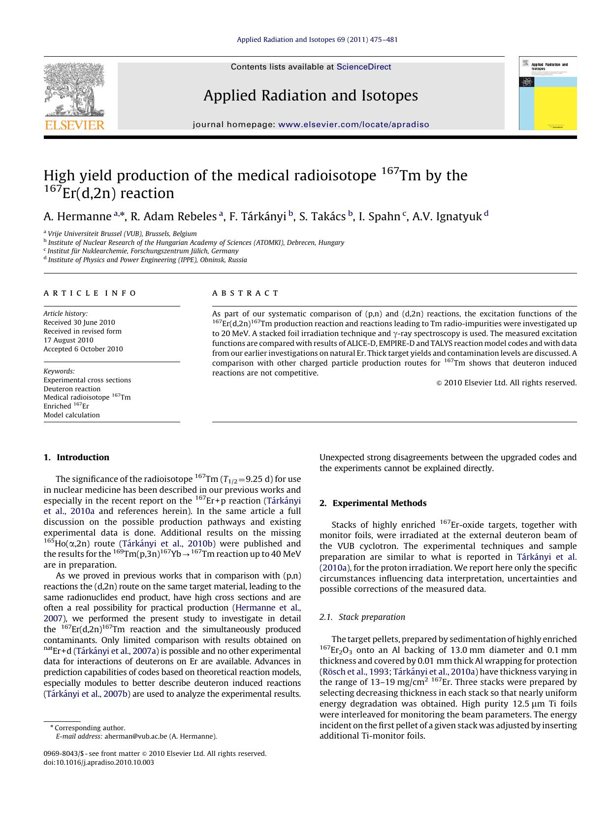 High yield production of the medical radioisotope 167Tm by the 167Er(d,2n) reaction by A. Hermanne & R. Adam Rebeles & F. Tárkányi & S. Takács & I. Spahn & A.V. Ignatyuk
