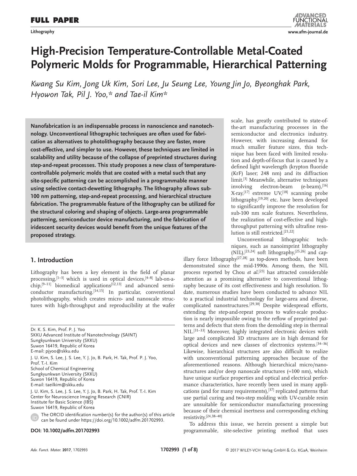 High‐Precision Temperature‐Controllable Metal‐Coated Polymeric Molds for Programmable, Hierarchical Patterning by Unknown