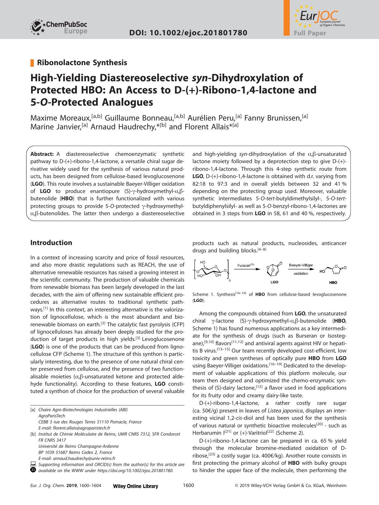High&#x02010;Yielding Diastereoselective <i>syn<i>&#x02010;Dihydroxylation of Protected HBO: An Access to D&#x02010;(+)&#x02010;Ribono&#x02010;1,4&#x02010;lactone and 5&#x02010;<i> by Unknown