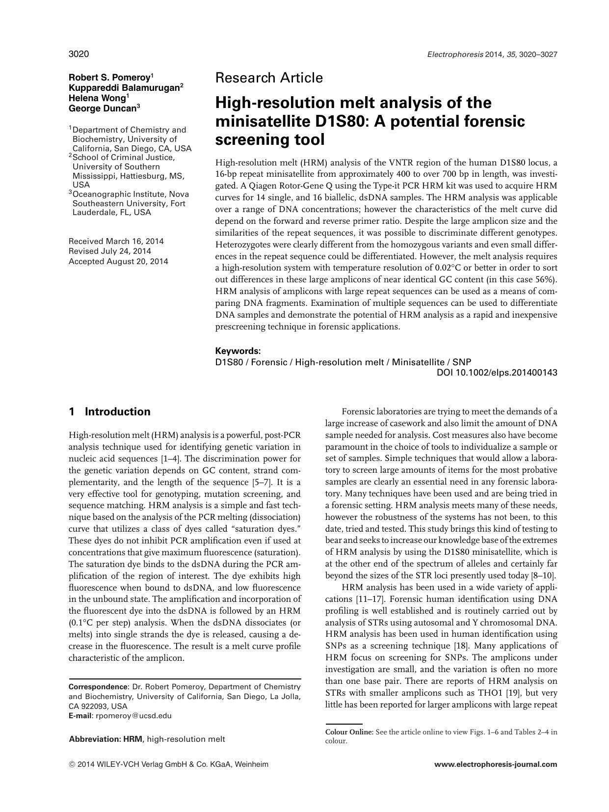 High‐resolution melt analysis of the minisatellite D1S80: A potential forensic screening tool by Unknown
