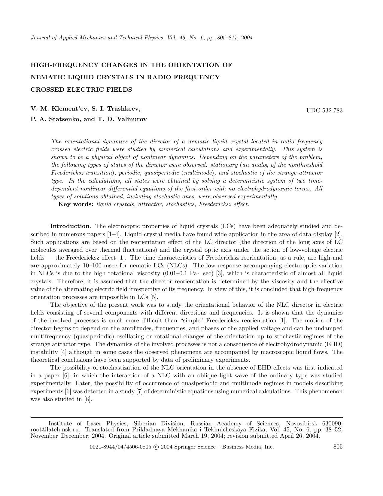High‐Frequency Changes in the Orientation of Nematic Liquid Crystals in Radio Frequency Crossed Electric Fields by Unknown
