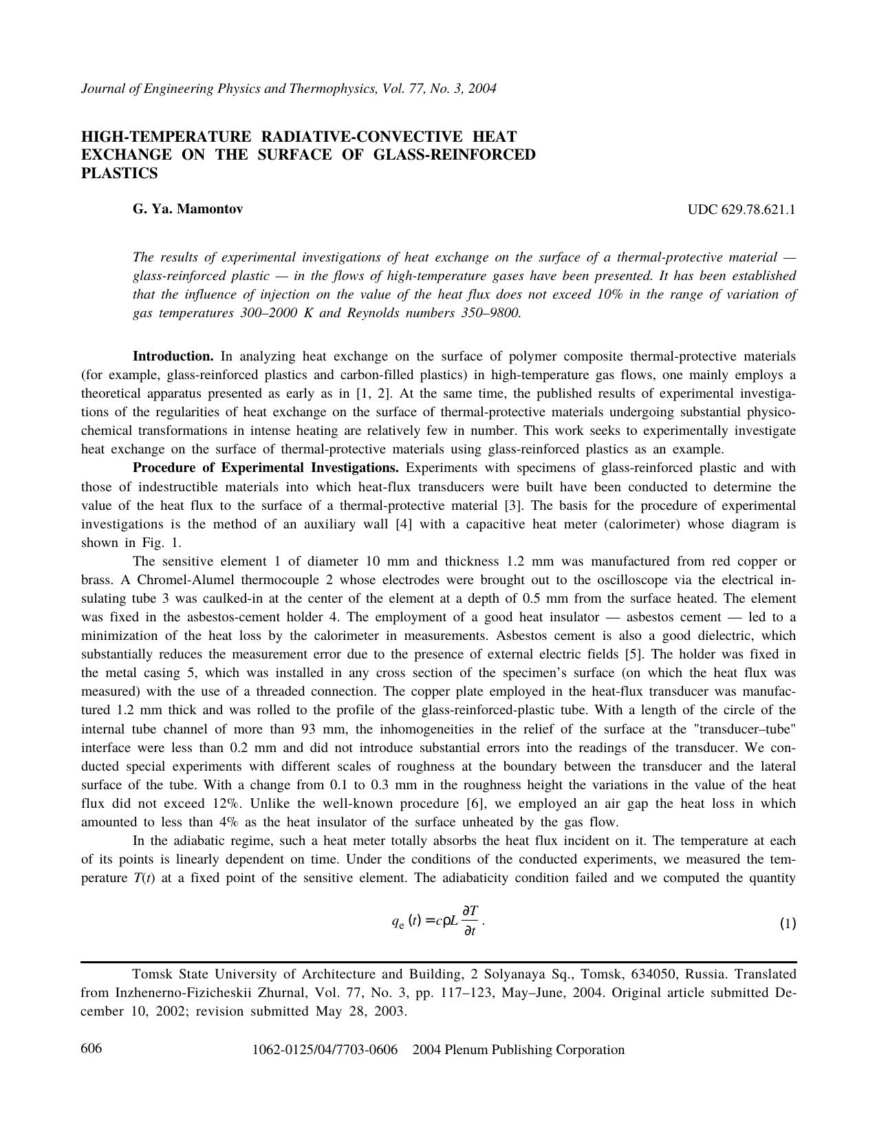 High‐Temperature Radiative‐Convective Heat Exchange on the Surface of Glass‐Reinforced Plastics by Unknown
