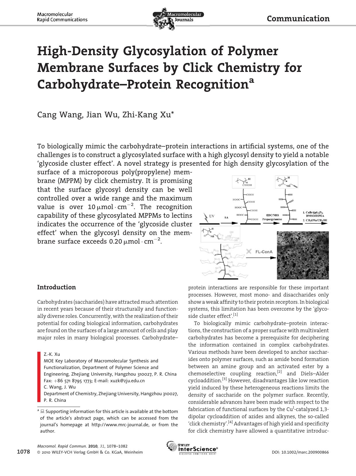 High?Density Glycosylation of Polymer Membrane Surfaces by Click Chemistry for Carbohydrate?Protein Recognition by Unknown