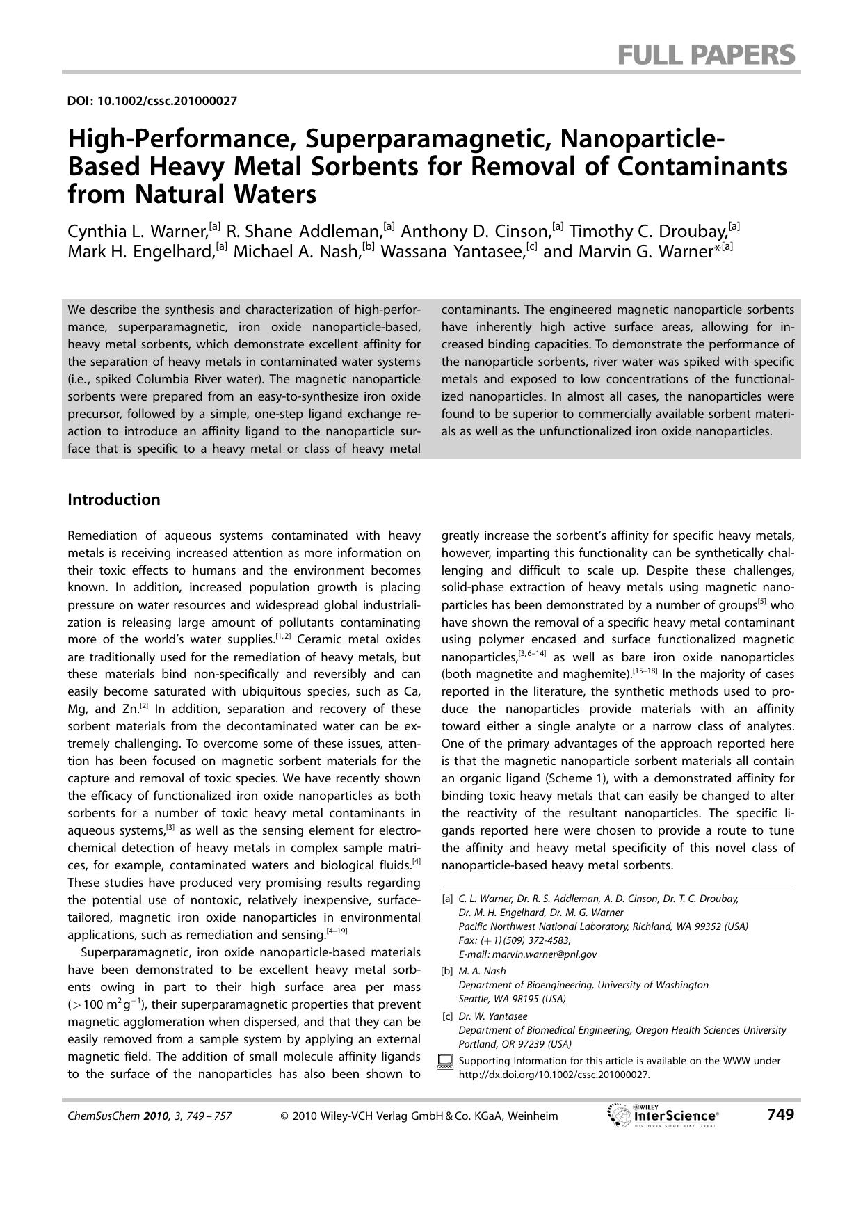High?Performance, Superparamagnetic, Nanoparticle?Based Heavy Metal Sorbents for Removal of Contaminants from Natural Waters by Unknown