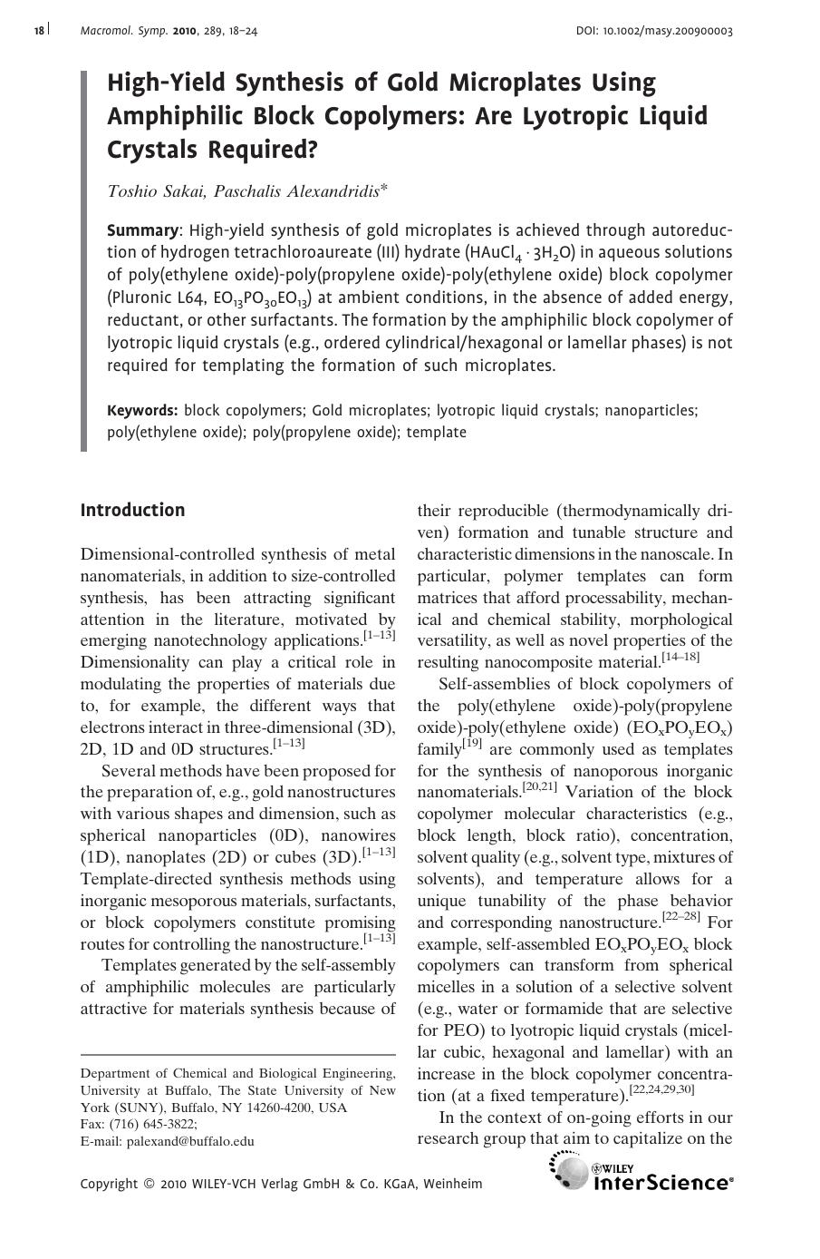 High?Yield Synthesis of Gold Microplates Using Amphiphilic Block Copolymers: Are Lyotropic Liquid Crystals Required? by Unknown