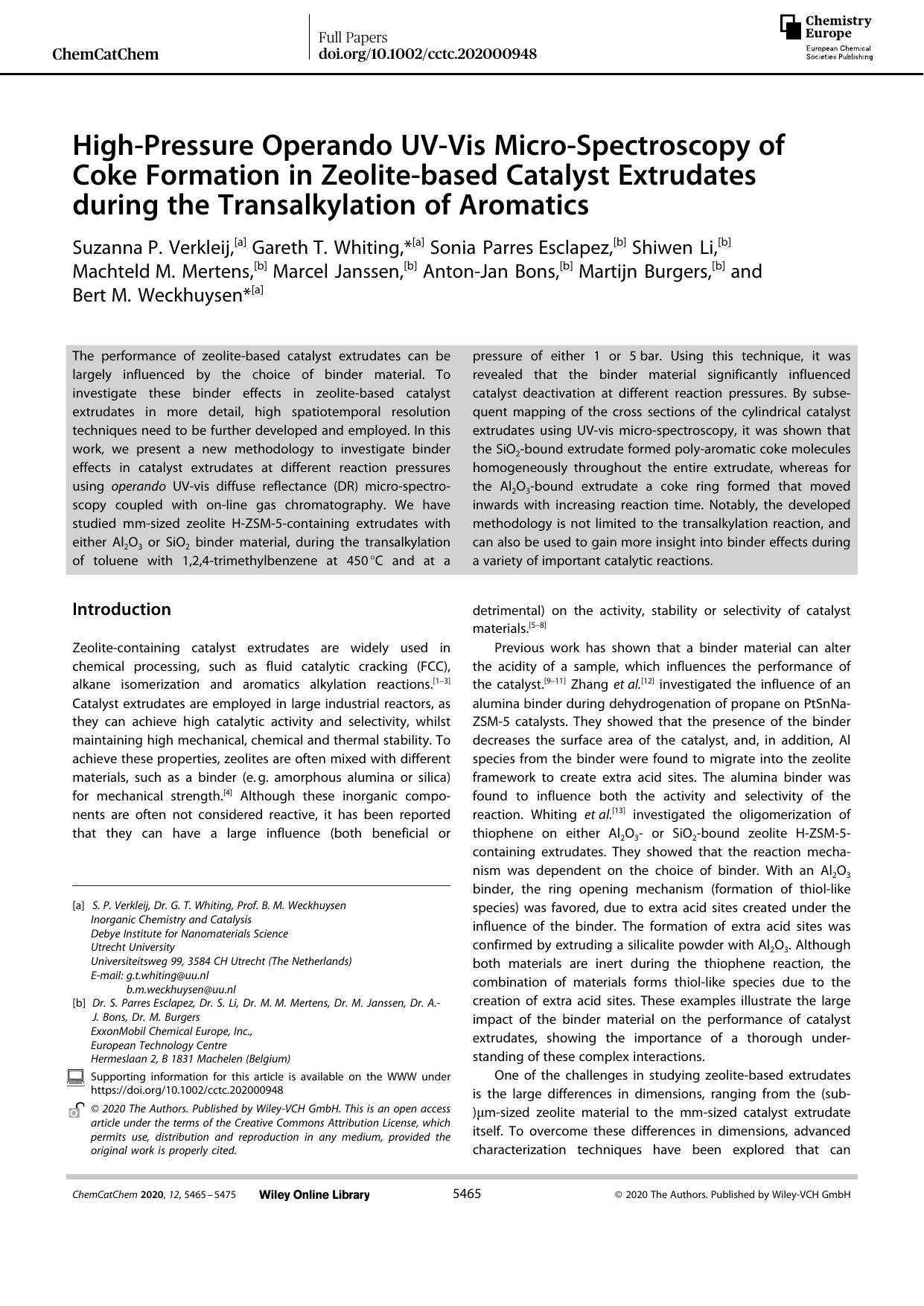 HighâPressure Operando UVâVis MicroâSpectroscopy of Coke Formation in Zeoliteâbased Catalyst Extrudates during the Transalkylation of Aromatics by Unknown