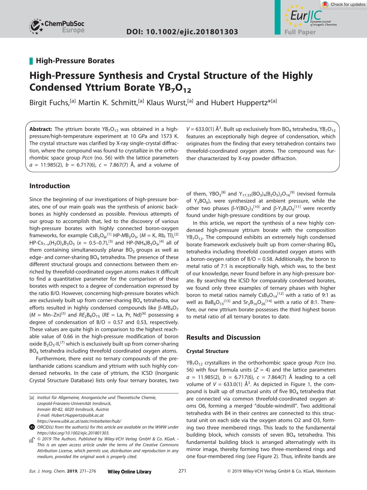HighâPressure Synthesis and Crystal Structure of the Highly Condensed Yttrium Borate YB7O12 by Unknown