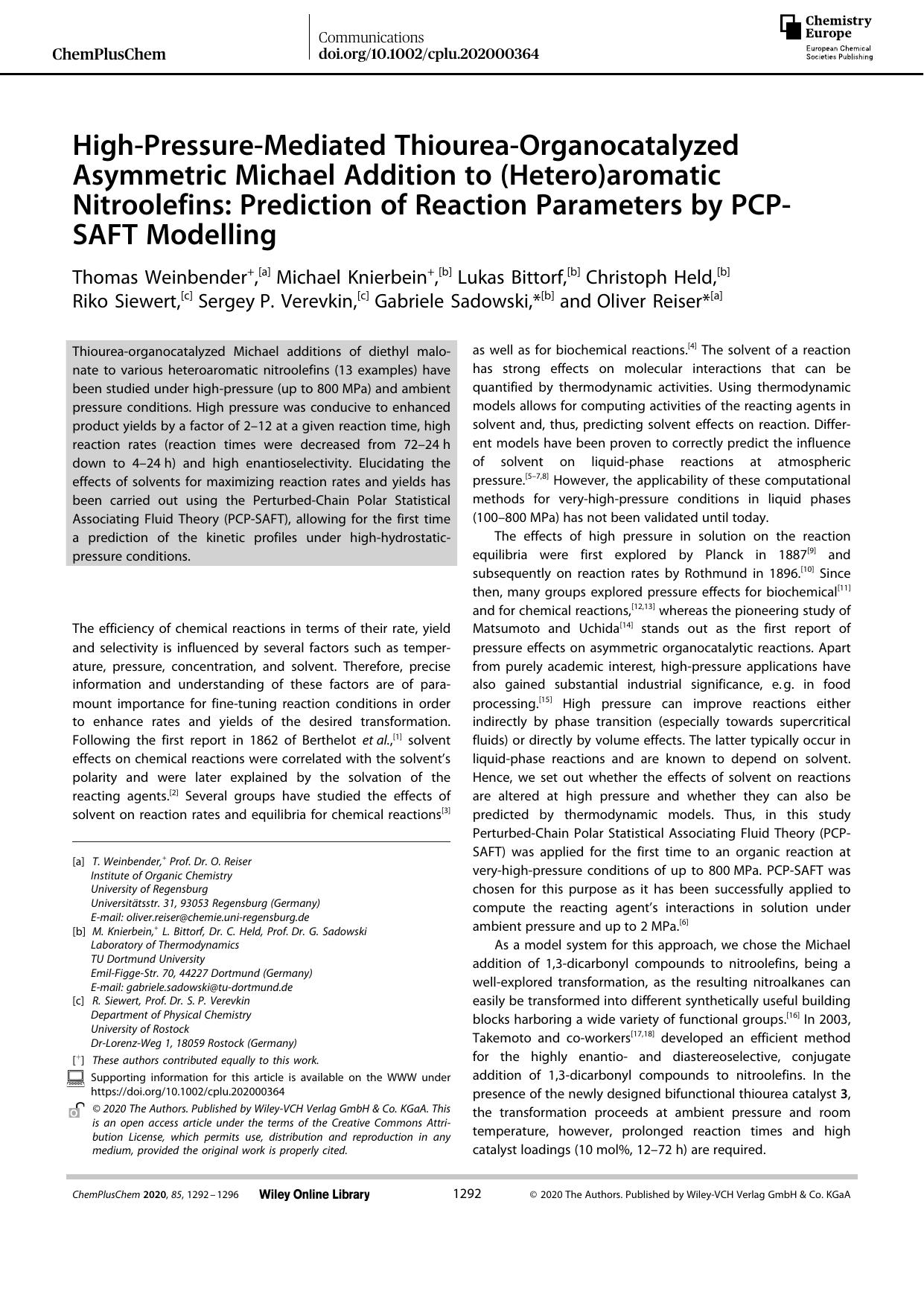 HighâPressureâMediated ThioureaâOrganocatalyzed Asymmetric Michael Addition to (Hetero)aromatic Nitroolefins: Prediction of Reaction Parameters by PCPâSAFT Modelling by Unknown