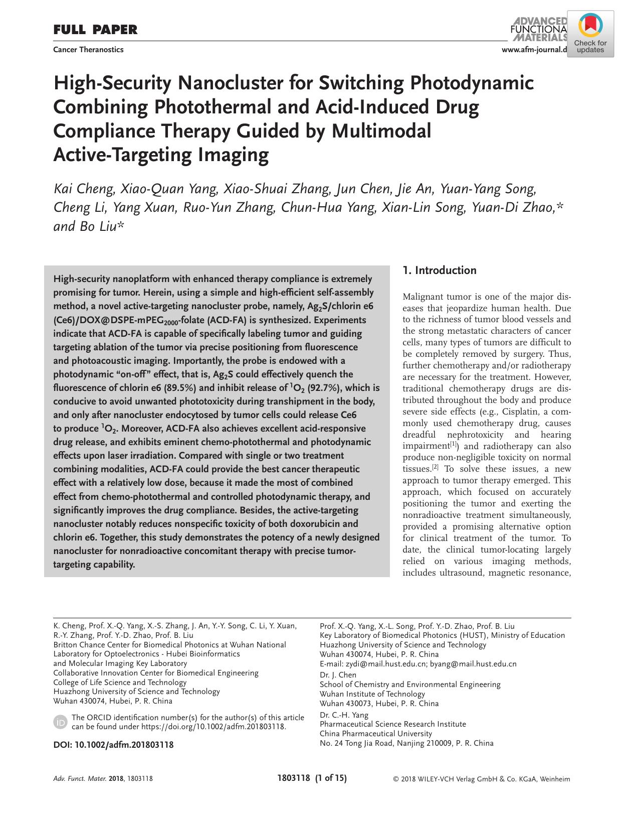 HighâSecurity Nanocluster for Switching Photodynamic Combining Photothermal and AcidâInduced Drug Compliance Therapy Guided by Multimodal ActiveâTargeting Imaging by Unknown