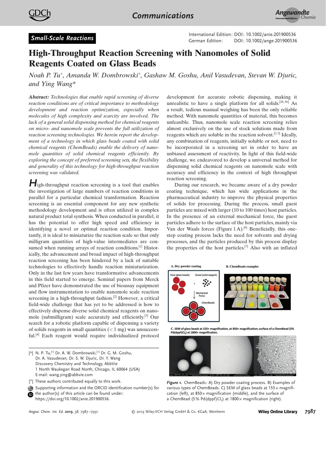 HighâThroughput Reaction Screening with Nanomoles of Solid Reagents Coated on Glass Beads by Unknown