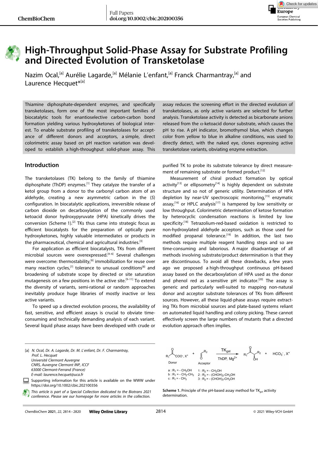 HighâThroughput SolidâPhase Assay for Substrate Profiling and Directed Evolution of Transketolase by Unknown